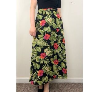 Vintage Ralph Lauren Black Tropical Floral Maxi A-Line Silk Skirt